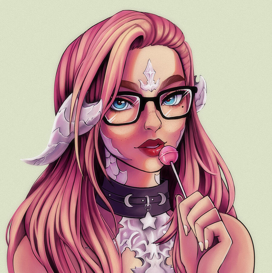 Asami, a pink haired au ra raen wearing a thick black choker and black rimmed glasses, holding a pink lolipop up to her lips.